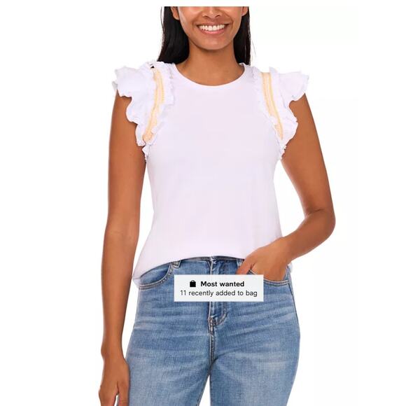 CeCe Contrast-Trim Ruffle-Sleeve Cotton Top Size XS New with Tags - Picture 1 of 5
